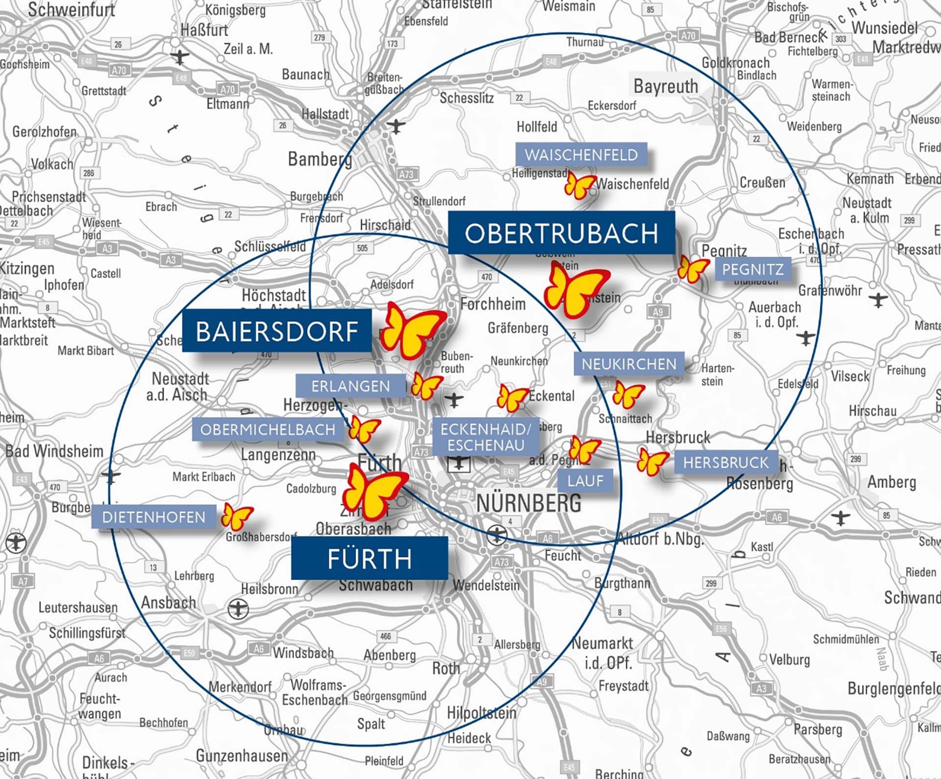 Landkarte der Metropolregion Nürnberg mit eingezeichnetem Wirkungsgebiet von Schmetterling Reisen