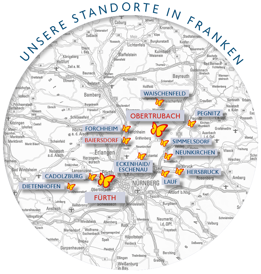 Landkarte der Metropolregion Nürnberg mit eingezeichnetem Wirkungsgebiet von Schmetterling Reisen